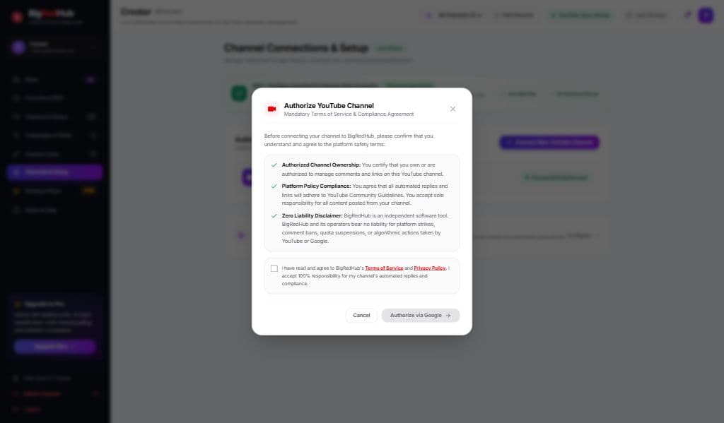 BigRedHub channel authorization modal with compliance agreement