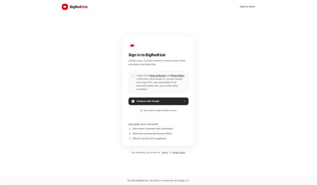 BigRedHub sign-in screen with Google OAuth and terms agreement checkbox