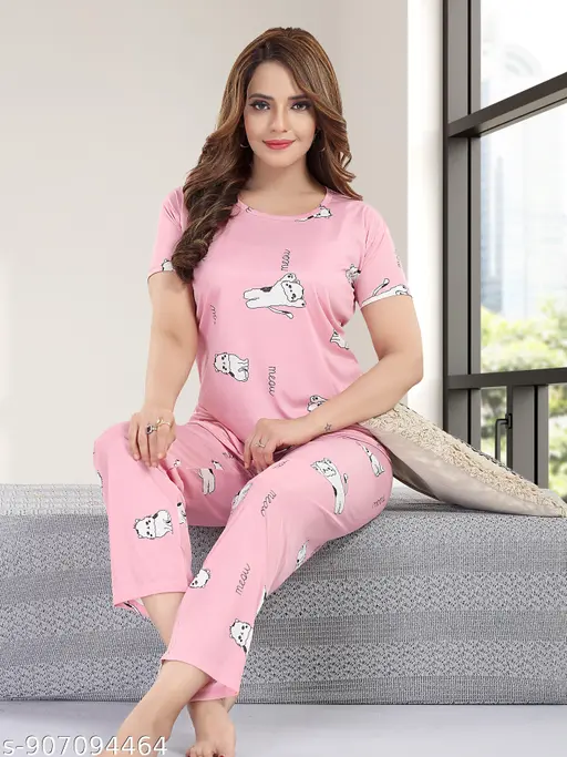 Satin Solid Printed Night Suit
