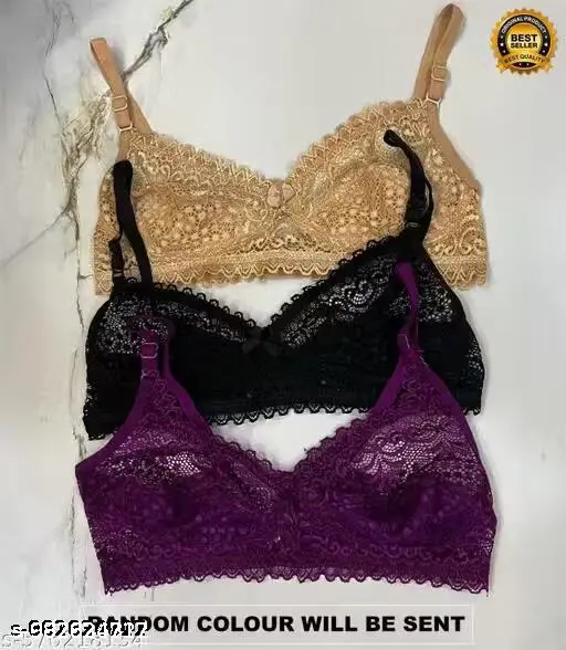 Pack of 3 Women Stylish Net Frill Bra Multicolor